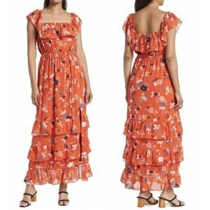 NWT DR2 Ruffle Tiered Floral Maxi Dress Bright Orange Belted Colorful Size XS